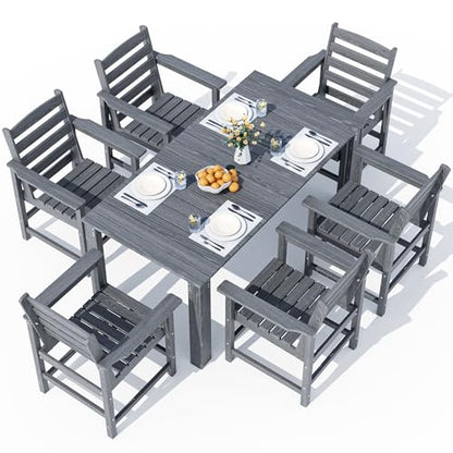 PamapicLife Outdoor HDPE Dining Table Set, 7-Piece Outdoor Dining Table Sets, Wood Grain Patio Furniture Sets with Umbrella Hole for Porch, Backyard, Gray