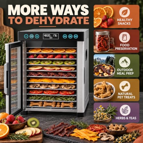 AOHGOA 10-Tray Food Dehydrator, Stainless Steel, Rear Fan, Digital Control