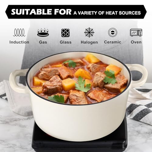 TeamFar 5Qt Dutch Oven, Enameled Cast Iron Dutch Oven with Lid & Dual Handles for Cooking Baking Braising Simmering, Healthy & Sturdy, Oven & Various Stovetops Safe, Non-stick & Easy Clean - Cream White