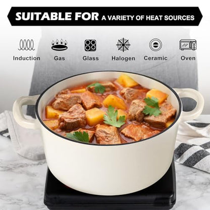 TeamFar 5Qt Dutch Oven, Enameled Cast Iron Dutch Oven with Lid & Dual Handles for Cooking Baking Braising Simmering, Healthy & Sturdy, Oven & Various Stovetops Safe, Non-stick & Easy Clean - Cream White