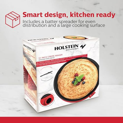 Holstein Housewares 12” Crepe Maker - Adjustable Temperature Control - Nonstick Griddle for Versatile Cooking of Crepes, Quesadillas, Pancakes, Eggs, Bacon & More - Easy to Clean - Indicator Lights