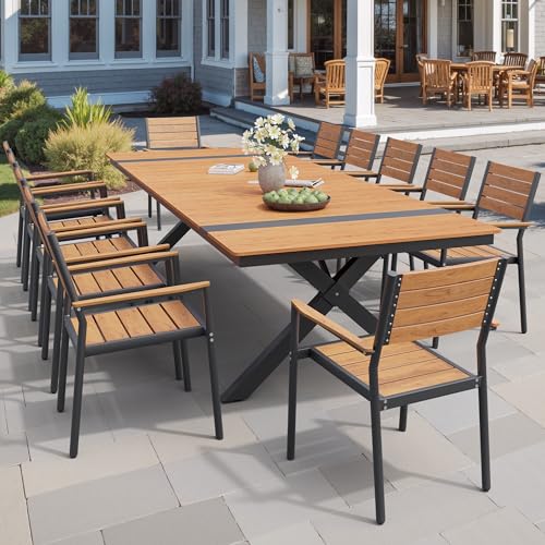 Pellebant 13 Piece Patio Table and Chairs Set for 12, Aluminum Outdoor Dining Set with Umbrella Hole, Stackable Dining Chairs & 118" Dining Table, Brown