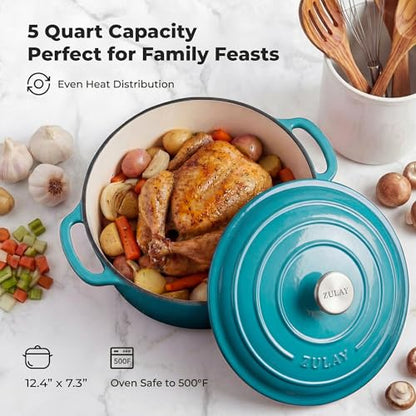 Zulay Kitchen 5 Quart Enameled Cast Iron Dutch Oven Pot with Lid – Premium Durability & Oven Safe up to 500°F – Heavy Duty Cookware Perfect for Bread Baking, Stews, Braising & Roasting – Light Blue