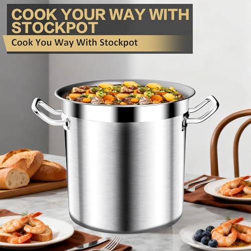 Large Stock Pot-20QT Stainless Steel Stockpot with Lid, Heavy Duty Tri-Ply Bottom Commercial Grade Stock Pot & Stockpots for Boiling Cooking Soup Stew Canning Cooking Pots,Big Stockpot, Deep Cookware