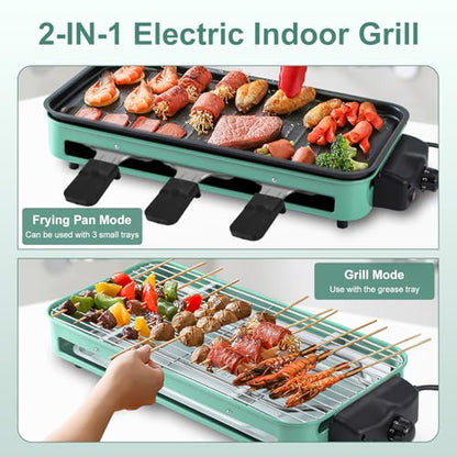 Electric Indoor Grill Smokeless, 1500W 2-in-1 Korean BBQ & Raclette Table Grill with Non-Stick Removable Plates, 5-Temp Control, Dishwasher Safe, Portable Indoor Grills for Kitchen & Family