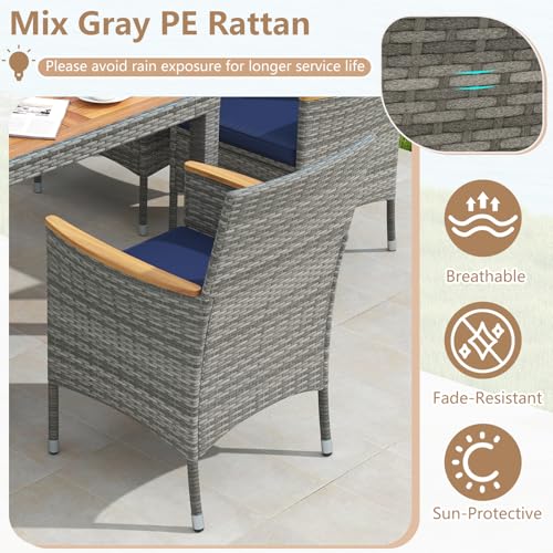 COSTWAY 9-Piece Patio Dining Set for 8, Outdoor Rattan Wicker Table and Chairs Furniture Set with Umbrella Hole, Acacia Wood Tabletop for Backyard, Balcony, Poolside, Grey & Navy