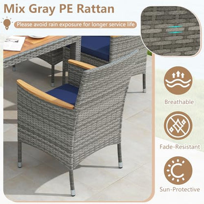 COSTWAY 9-Piece Patio Dining Set for 8, Outdoor Rattan Wicker Table and Chairs Furniture Set with Umbrella Hole, Acacia Wood Tabletop for Backyard, Balcony, Poolside, Grey & Navy