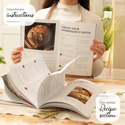 CraftZee All-Inclusive 𝗣𝗥𝗘𝗠𝗜𝗨𝗠 Sourdough Starter Kit with Pot, 34 Oz Starter Jar, 4 Banneton Bread Proofing Baskets, Scraper, Scale, Sourdough Bread Baking Supplies, Beginner Guide & Recipes