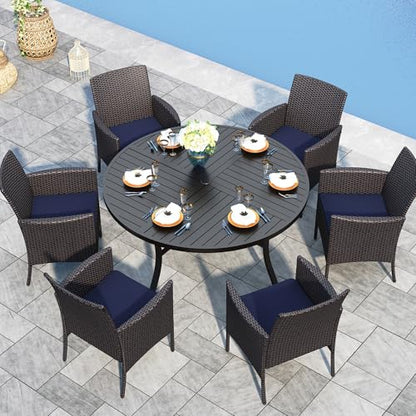 Sophia & William 7 Pieces Round Patio Dining Set for 6, Metal Patio Table and Rattan Chairs Set for Outside, All Weather Outdoor Dining Set with 1.6" - 2" Umbrella Hole