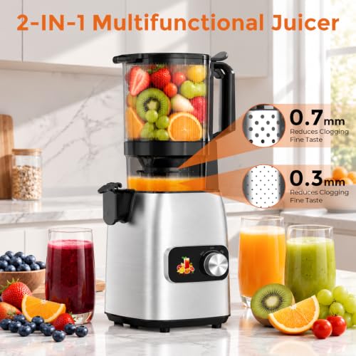 Cold Press Juicer Machines Slow Masticating, Single Auger Juicer for Vegetables & Fruits, Rotary Knob Control, Anti-Clog Reverse Function, Easy Clean Home Juicer