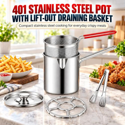 Stainless Steel Mini Fryer, Portable Fryer,Deep Stainless Steel Fryer,Includes Stainless Steels Pot,Removable Strainer Basket And Clips,Suitable For Frying French Fries,Chicken,Bacon