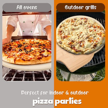 Teenyyou 2 PCS Round Pizza Stone with Wooden Peel, 16" Large Pizza Stone for Oven and Grill Round Baking Cordierite Cooking Pan for Bread, BBQ