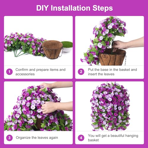 INXUGAO Artificial Flowers with Hanging Basket, Outdoor Faux Plants Silk Morning Glory Vines, Fake Green Arrangement for Garden Patio Spring Summer Decor(4pcs,Darkorchid)