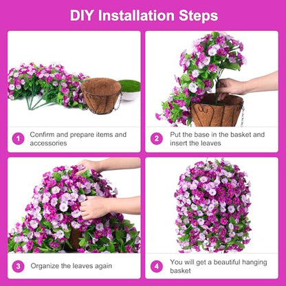 INXUGAO Artificial Flowers with Hanging Basket, Outdoor Faux Plants Silk Morning Glory Vines, Fake Green Arrangement for Garden Patio Spring Summer Decor(4pcs,Darkorchid)