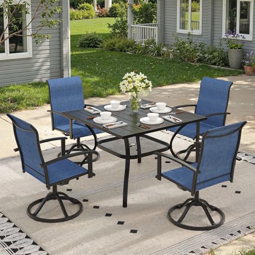 ARKOST 5 Pieces Patio Dining Set, Outdoor Furniture of 37.8" Square Patio Table and Patio Swivel Chairs for Backyard Lawn Garden, Black Table and Dark Blue Chairs