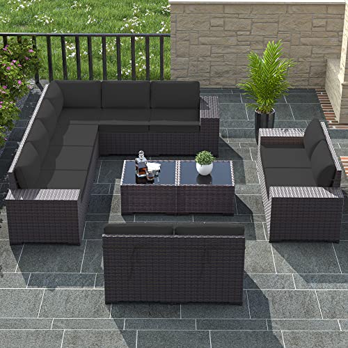 RTDTD 12 PCS Outdoor Patio Furniture Set,Outdoor Sectional Furniture All Weather PE Rattan Wicker Patio Conversation Set with 2 Coffee Tables and 10 Thickened Cushions,Black