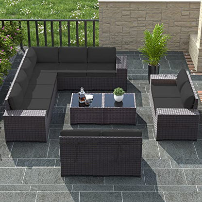 RTDTD 12 PCS Outdoor Patio Furniture Set,Outdoor Sectional Furniture All Weather PE Rattan Wicker Patio Conversation Set with 2 Coffee Tables and 10 Thickened Cushions,Black
