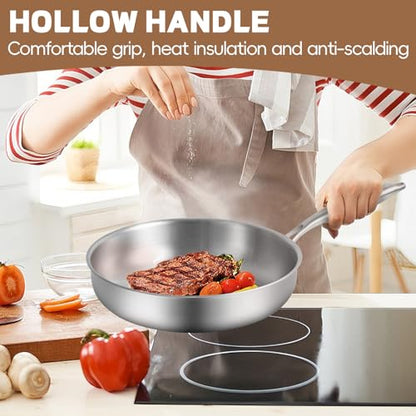 GOLDEN KEY 10 inch Tri-Ply 304 Stainless Steel Pan with Lid, Even Heating Non-toxic Skillet, Oven & Dishwasher Safe, Induction Ready, Ideal for Searing Meat & Fish, Sauteing, Frying (500°F)