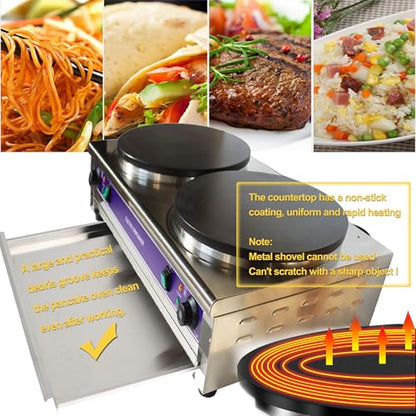 HQHAOTWU Crepe Maker Electric Crepes Making Machine Double Head Pancake Maker 40cm Per Circular Plate Non-stick Pan Griddle Machine Commercial Desktop Circular Cereals Pancake Stove Temp Control 220V