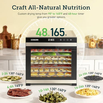 COSORI Food Dehydrator for Jerky, 10 Trays, 16.2ft² Drying Space, 165°F Temperature Control, 48H Timer, 1000W Dehydrator Machine, Stainless Steel, for Herbs, Fruit, Meat, and Yogurt, Silver