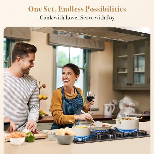 PekGema Ceramic Cookware Set 15-Pieces, Pots and Pans Set Non Stick, Oven Safe Non Toxic, Kitchen Cookware Set, PFOA PTFE FREE, Gold White