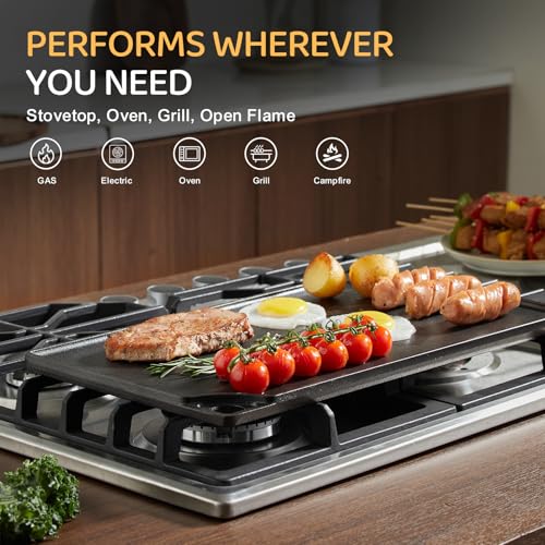 EWFEN Reversible Grill/Griddle, 16.7x9.5'' Pre-Seasoned Cast Iron Griddle Pan, Double Burner Cookware, Rectangular Non-Stick Stovetop Griddle with Handles, Flat Top Plate for Oven, Grill & Campfire