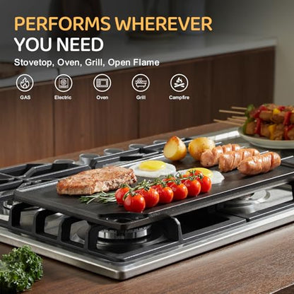 EWFEN Reversible Grill/Griddle, 16.7x9.5'' Pre-Seasoned Cast Iron Griddle Pan, Double Burner Cookware, Rectangular Non-Stick Stovetop Griddle with Handles, Flat Top Plate for Oven, Grill & Campfire