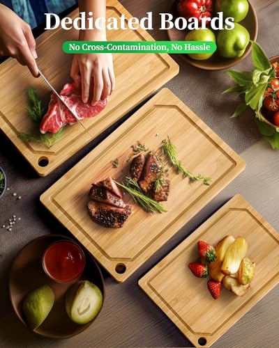 Kitchen Cutting Board Set - 3-Piece Wooden Cutting Boards for Kitchen with Juice Groove, Handles, Hang Holes, Stylish Kitchen Essentials for Chpping & Serving, Natural, 0.4"Th - (L+M+S)