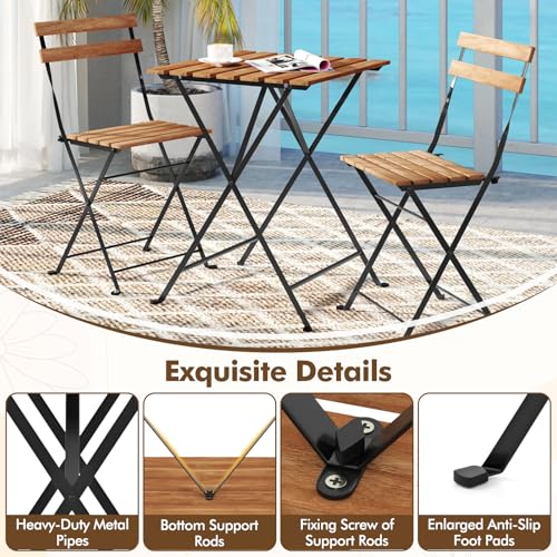 GIANTEX 3-Piece Acacia Wood Bistro Set, Patio Bistro Table with 2 Folding Chairs, Slatted Seat & Tabletop, Metal Frame, Outdoor Furniture Set for Backyard, Porch, Garden, Poolside (Black + Brown)