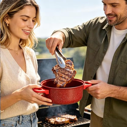 Non-Stick Cookware Set, 13 Piece Set Portable Lightweight Cast Iron Pots and Pans with Glass Lids and Nylon Utensils for Outdoor Camping Picnic Travel Cookware Red