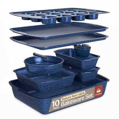 Blue Marble 10-Piece Bakeware Sets, Nonstick Carbon Steel Baking Sheet & Pans, Stackable Space-Saving Bakeware, Dishwasher Safe, Stain-resistant, PFOAPFOSPTFE Free, Oven Safe Up To 450°F (230°C)