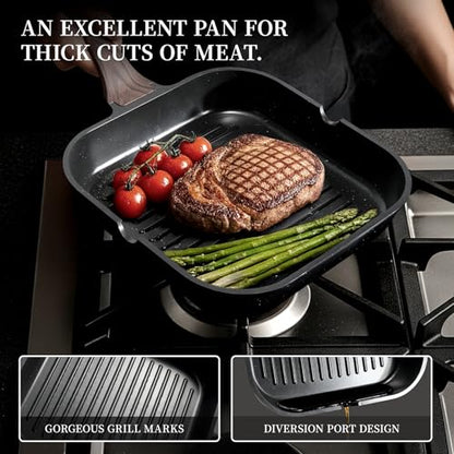 Kikcoin 16Pcs Ceramic Pots and Pans Set Non Stick, Includes a 9.5" Grill Pan, Induction Kitchen Cookware Sets, Black Nonstick RV Kitchen Camping Cooking Sets Stackable (PTFE, PFOS, PFOA Free)
