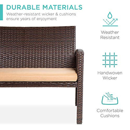 Best Choice Products 4-Piece Outdoor Wicker Patio Conversation Furniture Set for Backyard w/Coffee Table, Seat Cushions - Brown/Beige