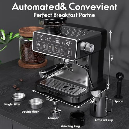 PULZO Espresso Machine with Grinder, 20 Bar Professional Coffee Machine, All-in-One Stainless Steel Coffee Maker with Milk Frother, to Make Latte, Cappuccino, 67oz Detachable Water Tank