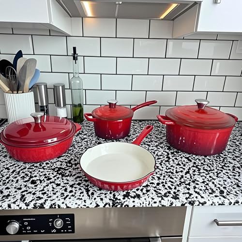 MAISON ARTS 7 Piece Enameled Cast Iron Cookware Set, Heavy Duty Induction Dutch Ovens Pot with Lid, Red Non Toxic Pots and Pans Sets, PFOA-PFOS Free