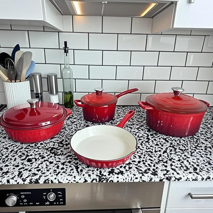 MAISON ARTS 7 Piece Enameled Cast Iron Cookware Set, Heavy Duty Induction Dutch Ovens Pot with Lid, Red Non Toxic Pots and Pans Sets, PFOA-PFOS Free