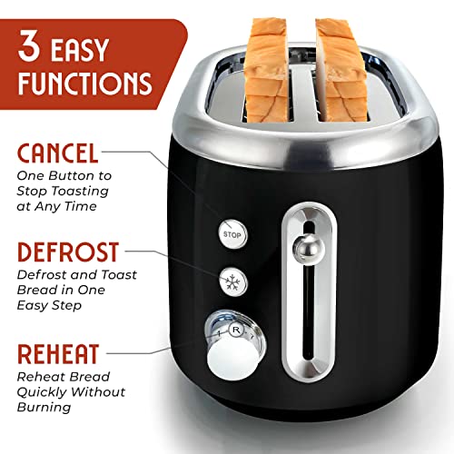 MUELLER HOME Retro Toaster 2 Slice, 7 Browning Levels, 3 Functions (Reheat, Defrost, Cancel), Stainless Steel Features, Removable Crumb Tray, Under Base Cord Storage, Black