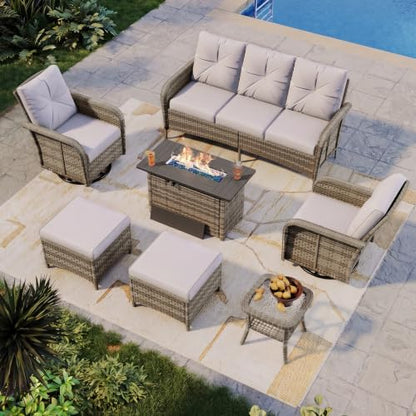 Aoxun 7-Piece Wicker Rattan Patio Furniture Set with 44" Fire Pit Table