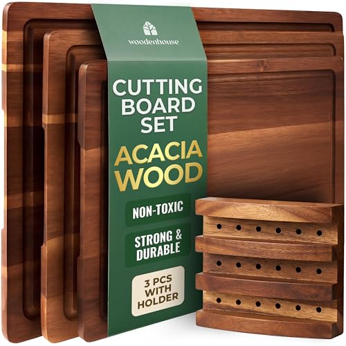 Acacia Wood Cutting Board Set of 3 with Holder, Juice Grooves & Built-in Handles - Durable, Wooden Cutting Boards for Kitchen, Perfect for Chopping, Food Prep and Serving as a Charcuterie