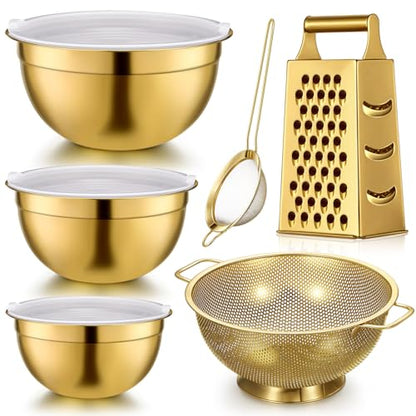 Baderke 6 Pcs Gold Kitchen Accessories Set Includes 3 Gold Mixing Bowls with Airtight Lids Stainless Steel Colander Grater Slicer and Fine Mesh Strainer(Mixing Bowls: 2.8/3.7/5 Qt, Colander: 4 Qt)