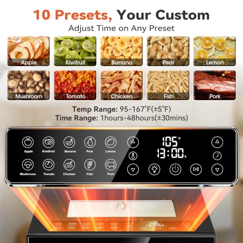 Manastin Food Dehydrator Machine 10 Stainless Steel Trays, 850W Dryer for Meat Jerky, Fruit, Herbs, Yogurt & Dog Treats, 95-167℉ Dehydrated Dryer, 48H Timer, 10 Presets, Overheating Protection, Black