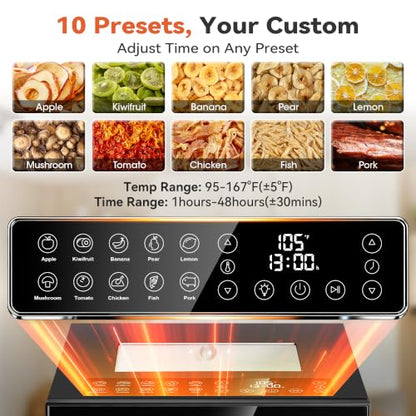 Manastin Food Dehydrator Machine 10 Stainless Steel Trays, 850W Dryer for Meat Jerky, Fruit, Herbs, Yogurt & Dog Treats, 95-167℉ Dehydrated Dryer, 48H Timer, 10 Presets, Overheating Protection, Black