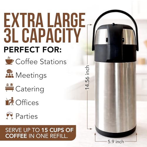 Coffee Carafe Insulated 102 OZ / 3L Stainless Steel Hot Beverage Dispenser, Airpot Coffee Dispenser with Pump, Thermal Coffee Carafe for Hot Liquids, Coffee Carafes for Keeping Hot Drink Dispenser