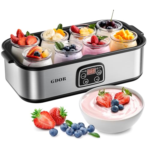 GDOR Yogurt Maker Machine with Temperature Control, 48H Timer Digital Greek Yogurt Machine with 8×6oz BPA-Free Glass Jars, Stainless Steel