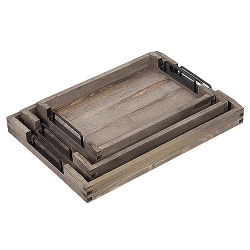 VERGOODR Country Rustic Torched Wood Nesting Breakfast Serving Trays with Handles, Set of 3 (Dark Grey)