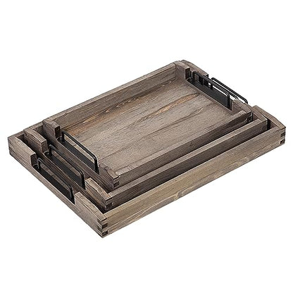 VERGOODR Country Rustic Torched Wood Nesting Breakfast Serving Trays with Handles, Set of 3 (Dark Grey)