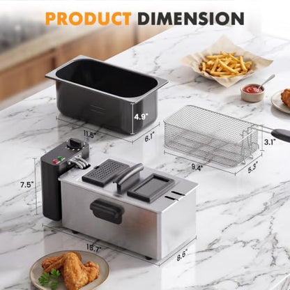 NEWBULIG Deep Fryer with Basket, 3 Liter Electric Deep Fryer with 1500W Power, Adjustable Temperature, Lid with Viewing Window for Fried Chicken, Shrimp, French Fries, Silver