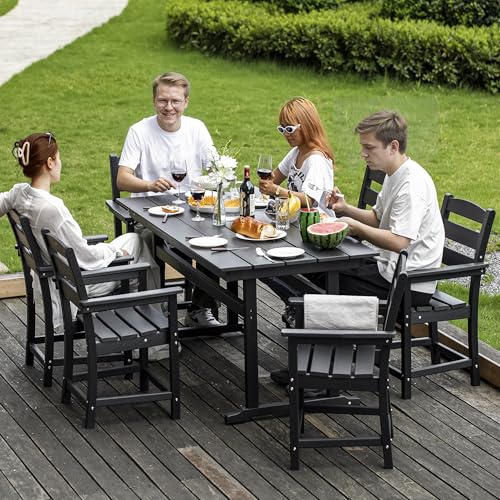 nalone 7-Piece Patio Dining Table Set, HDPE Outdoor Dining Sets with Table and 6 Chairs, Dining Furniture Set with Umbrella Hole (Black, 7 Pcs)