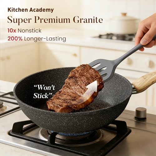 Kitchen Academy Induction Cookware Sets - 12 Piece Gray Cooking Pan Set, Granite Nonstick Pots and Pans Set