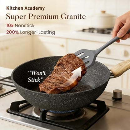 Kitchen Academy Induction Cookware Sets - 12 Piece Gray Cooking Pan Set, Granite Nonstick Pots and Pans Set